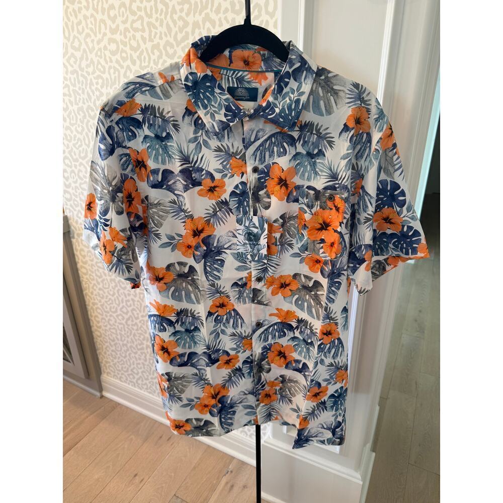Havana Jim Men's White Blue Floral-Print Hawaiian Shirt Size L